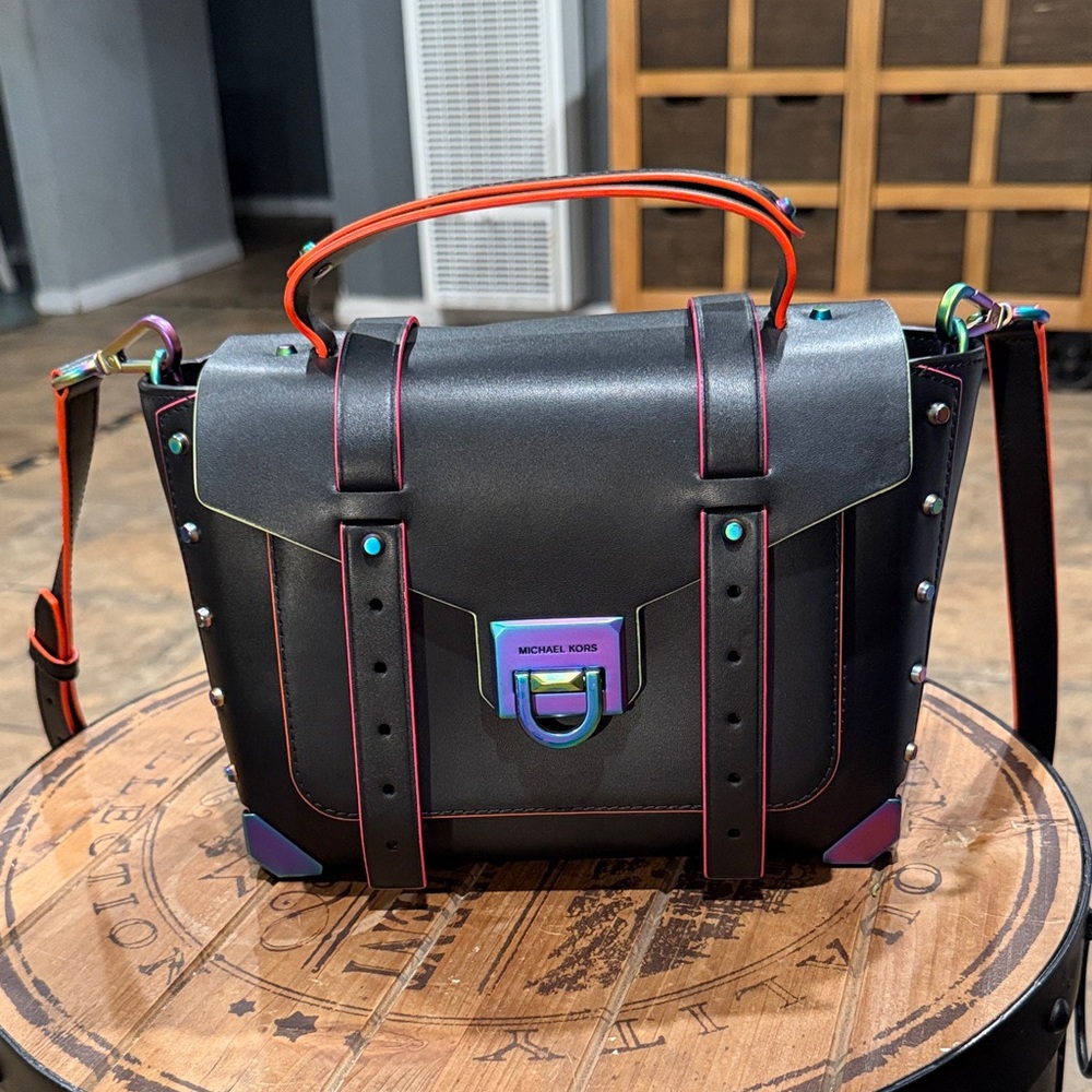 Michael Kors Black Crossbody Satchel with Neon Trim and Iridescent Hardware